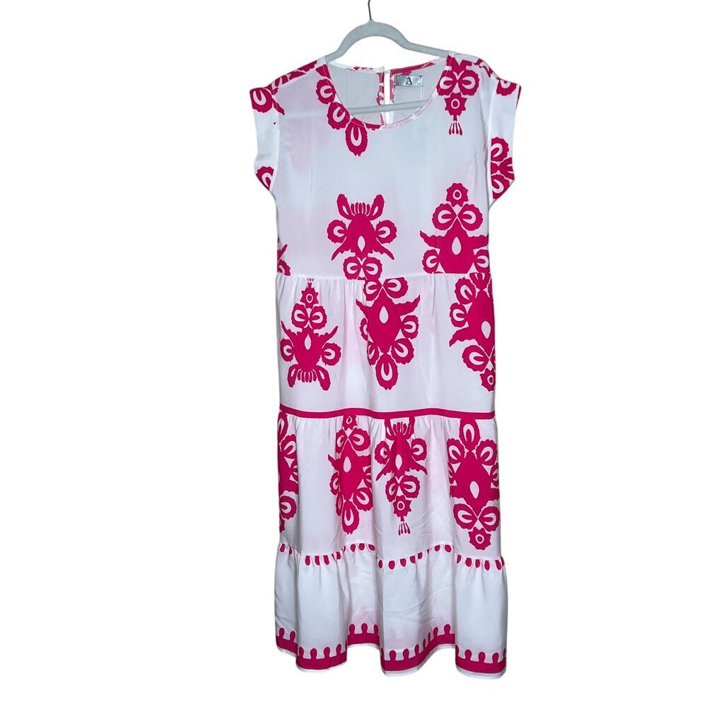 AZsize S/M midi dress white/fuchsia peplum cap sleeves belt feminine, kawaii